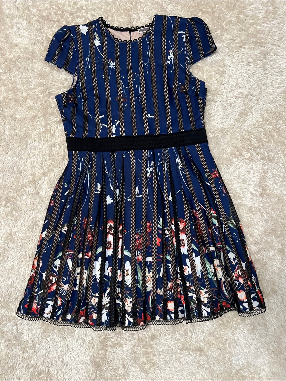 Chelsea28 Navy Striped Floral Pleated Dress
